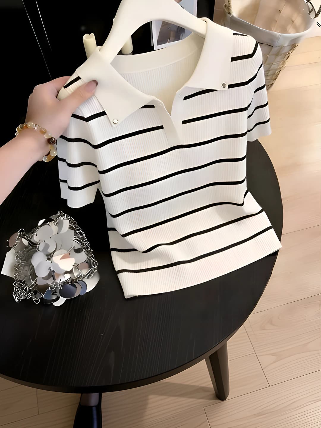 Women's Korean style striped polo, short sleeve, lapel collar, summer