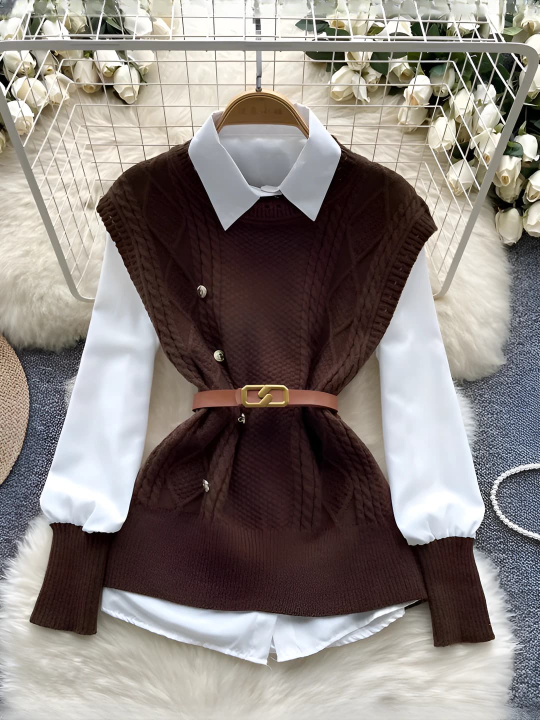 Ayollar uchun kiyim to'plamlari: o'rma to'quvli yengsiz jilet va uzun yengli ko'ylak-shirt, qalin, bo'sh kesim, POLO yoqa, 3D naqsh