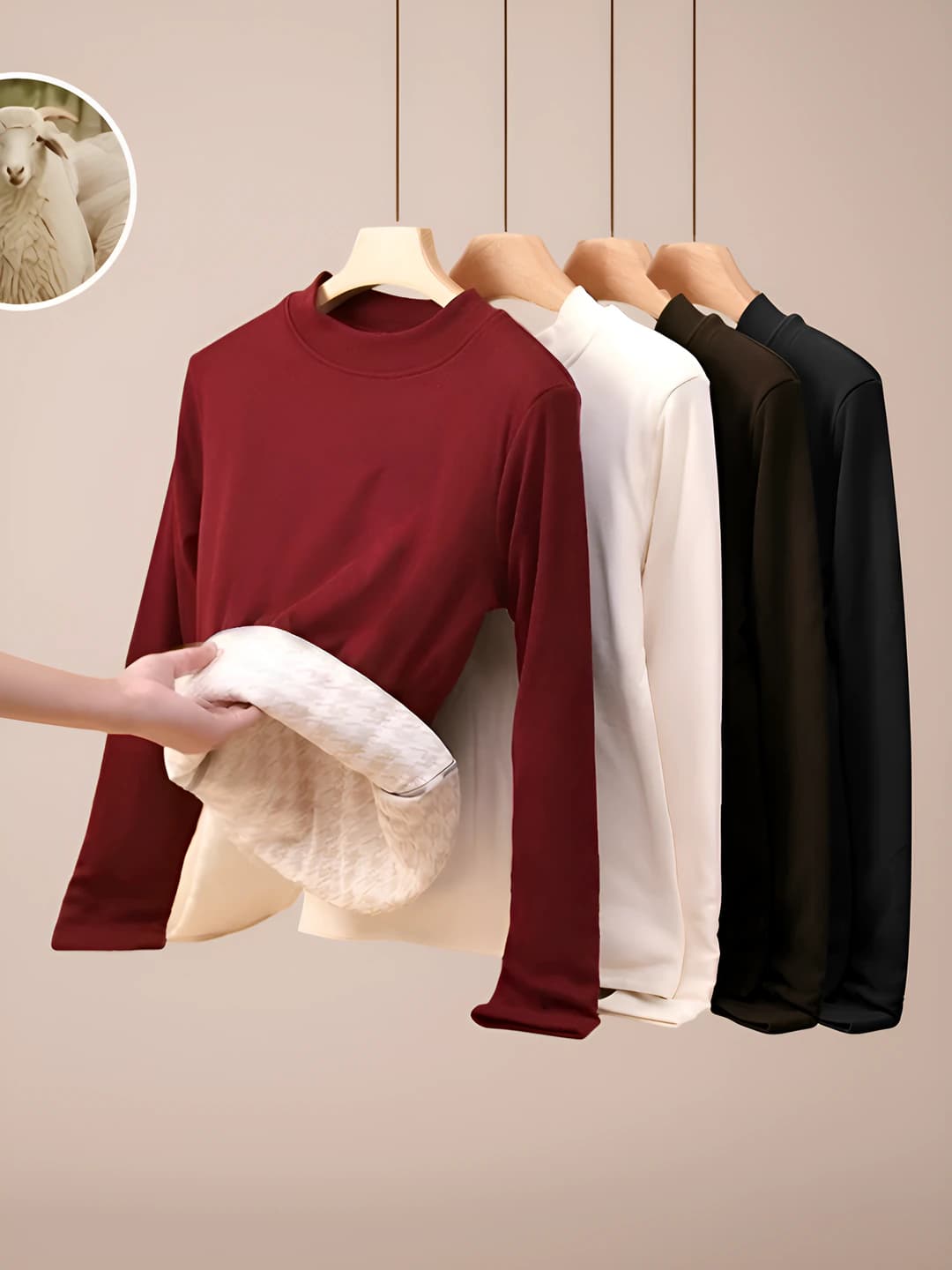 Women's wool and cashmere thickened warm stand collar long-sleeve base top, crew neck, autumn-winter