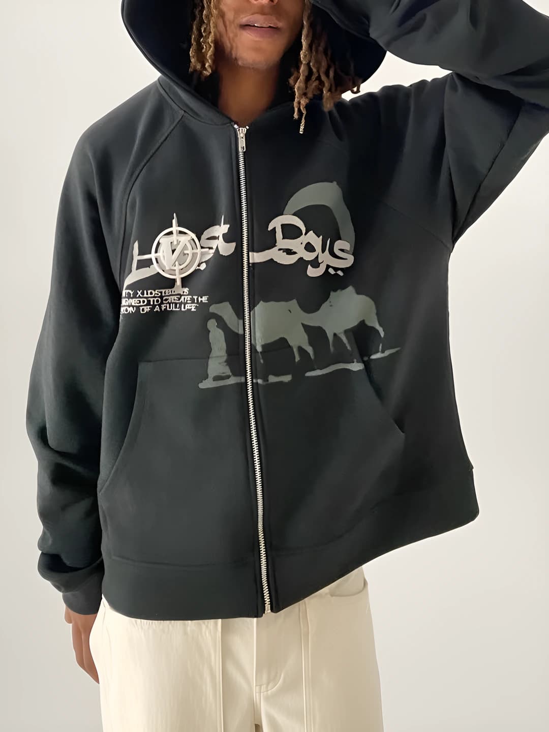 Women's fleece-lined thickened loose fit zip-up hooded sweatshirt, Korean style, printed, long sleeve