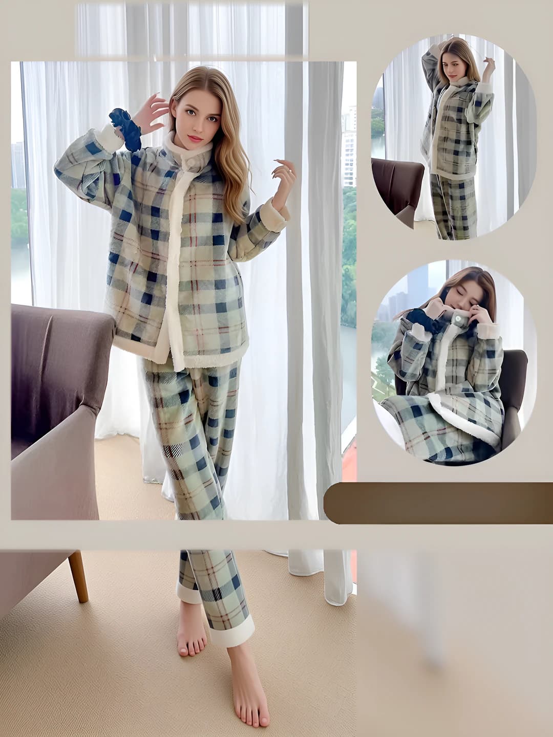Women's thickened fleece-lined checked pajama set, warm, casual, for winter and autumn, suitable for wearing outside