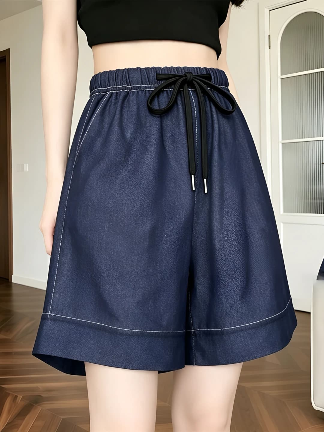 Women's 2026 summer retro casual knee-length shorts with high waist, loose fit, ice-silk fabric