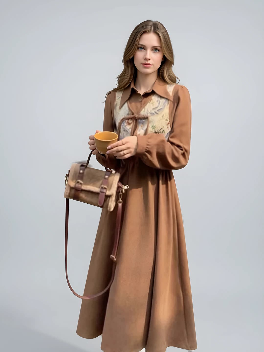 Women's casual dresses: plus size, retro, slimming, high waist, long sleeve, lapel collar, solid colour, autumn-winter, set