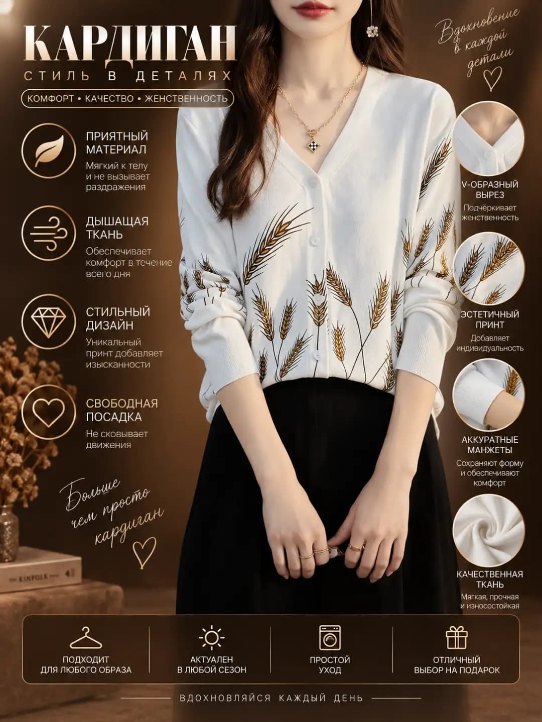 Women's printed knit cardigan, crew neck, long sleeve, casual style
