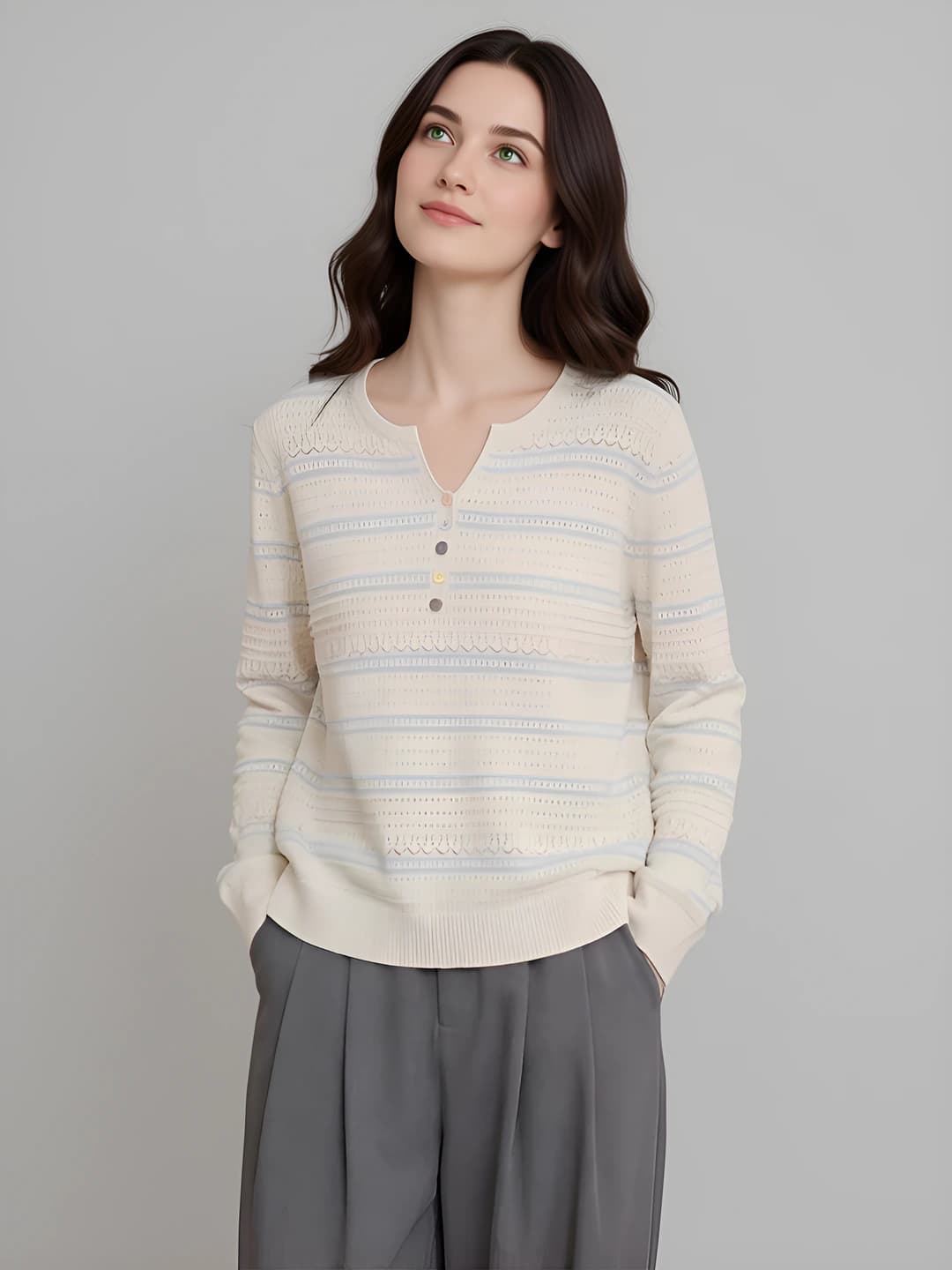 Women's spring knit sweater, striped, V-neck, long sleeve, loose fit, slimming, less than 30% polyester