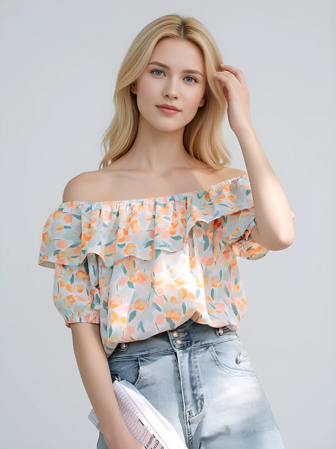 Women's summer short sleeve floral chiffon blouse with dropped shoulders