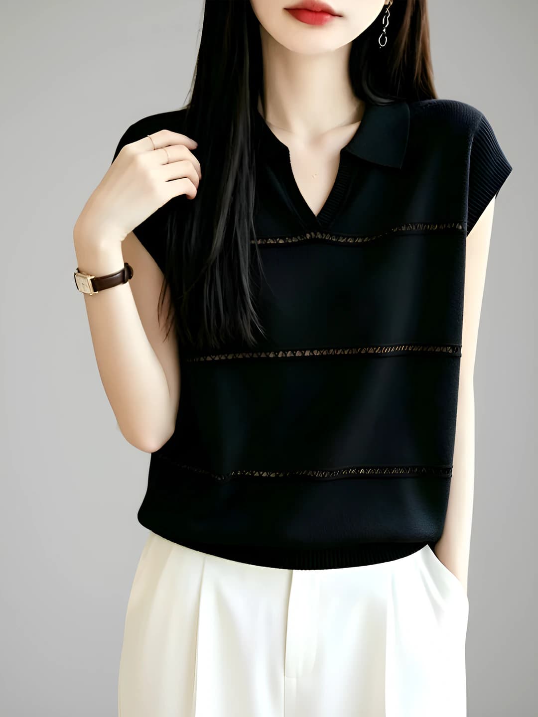 Women's casual knit top with lapel collar, V-neck, short sleeve, ice-silk fabric