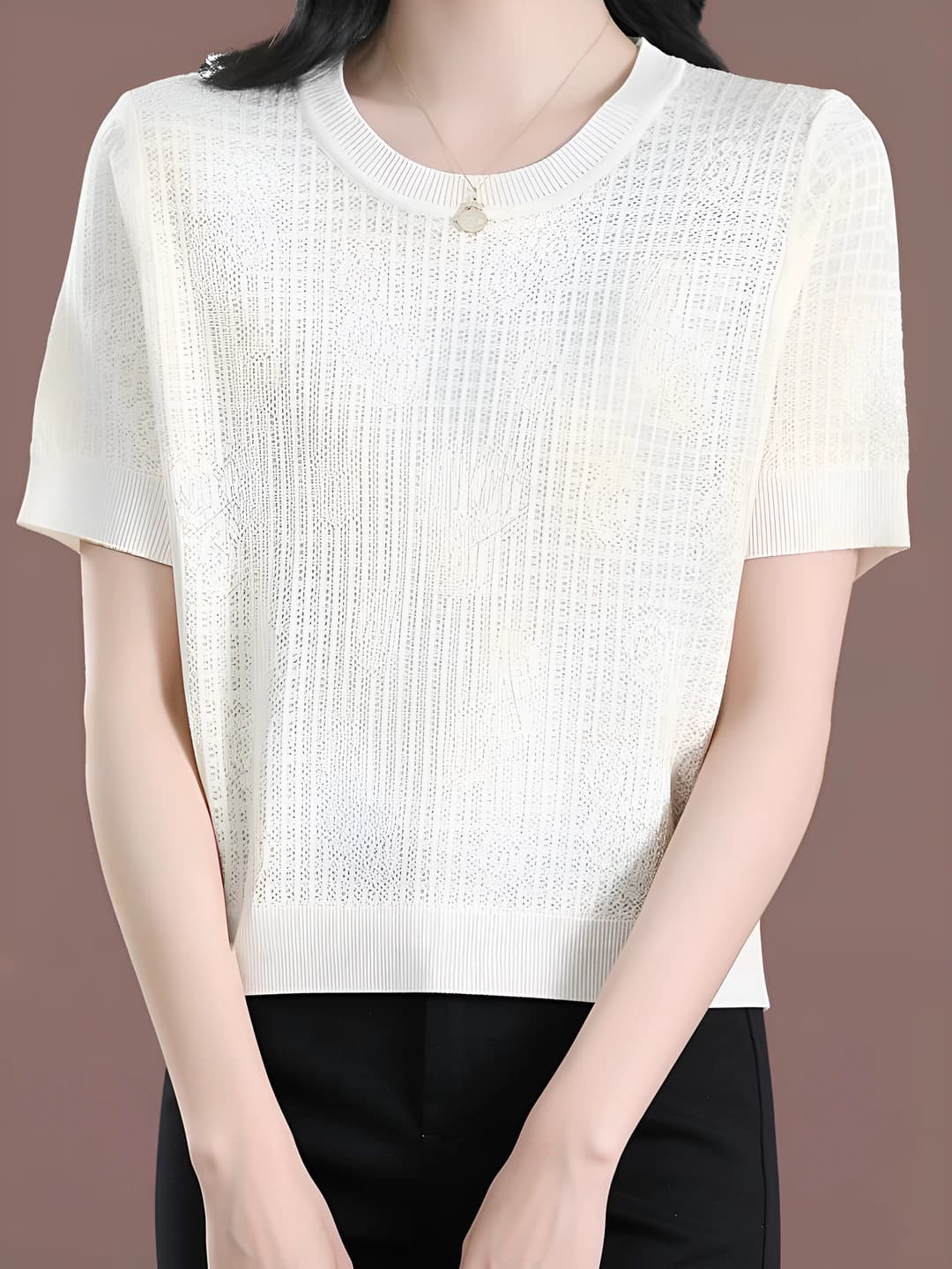 Women's knitted short-sleeve top, crew neck, thin ice-silk fabric, for petite, summer