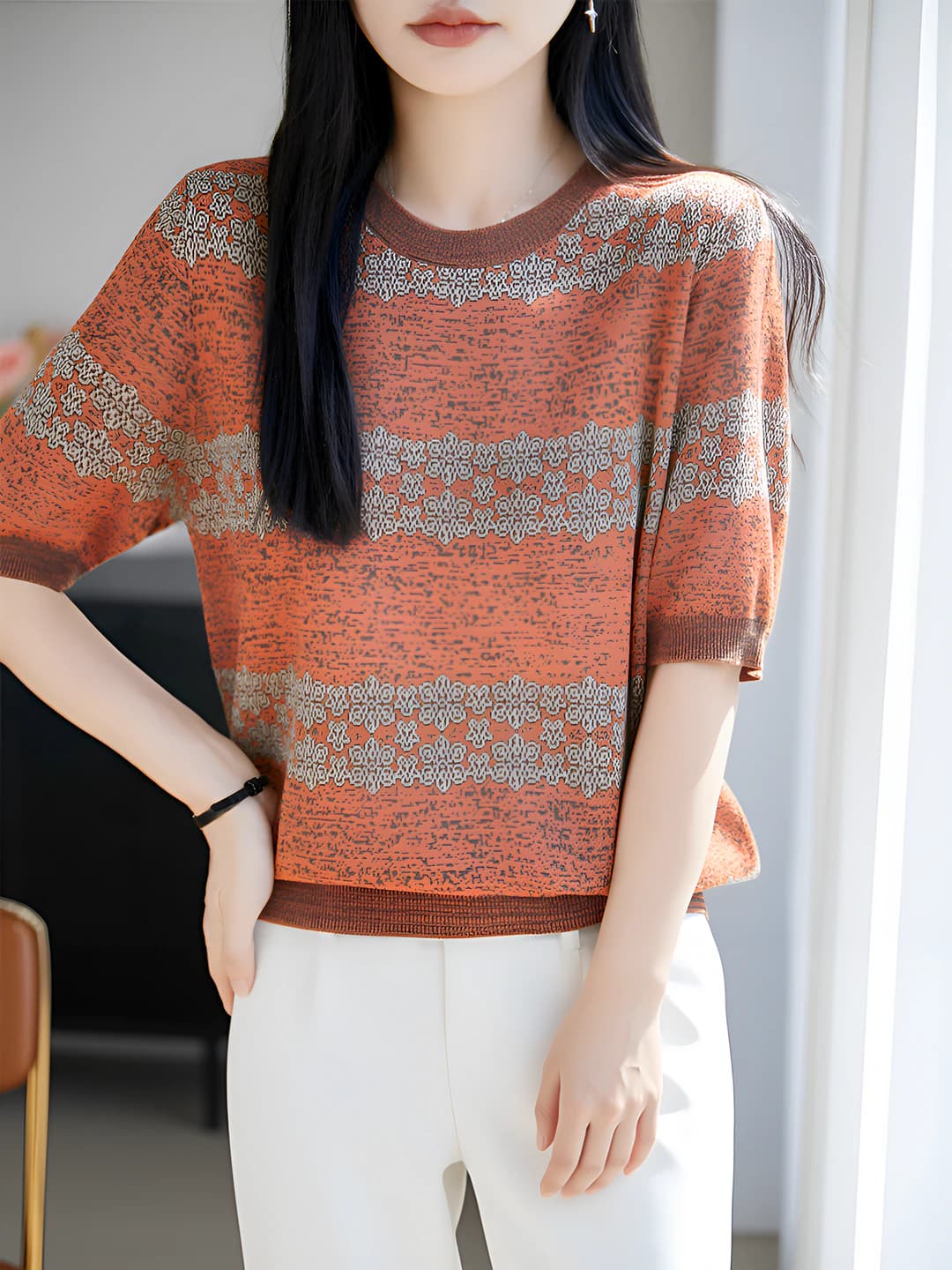 Women's 2026 spring-summer knit top, short sleeve, crew neck, loose fit, floral pattern, t-shirt