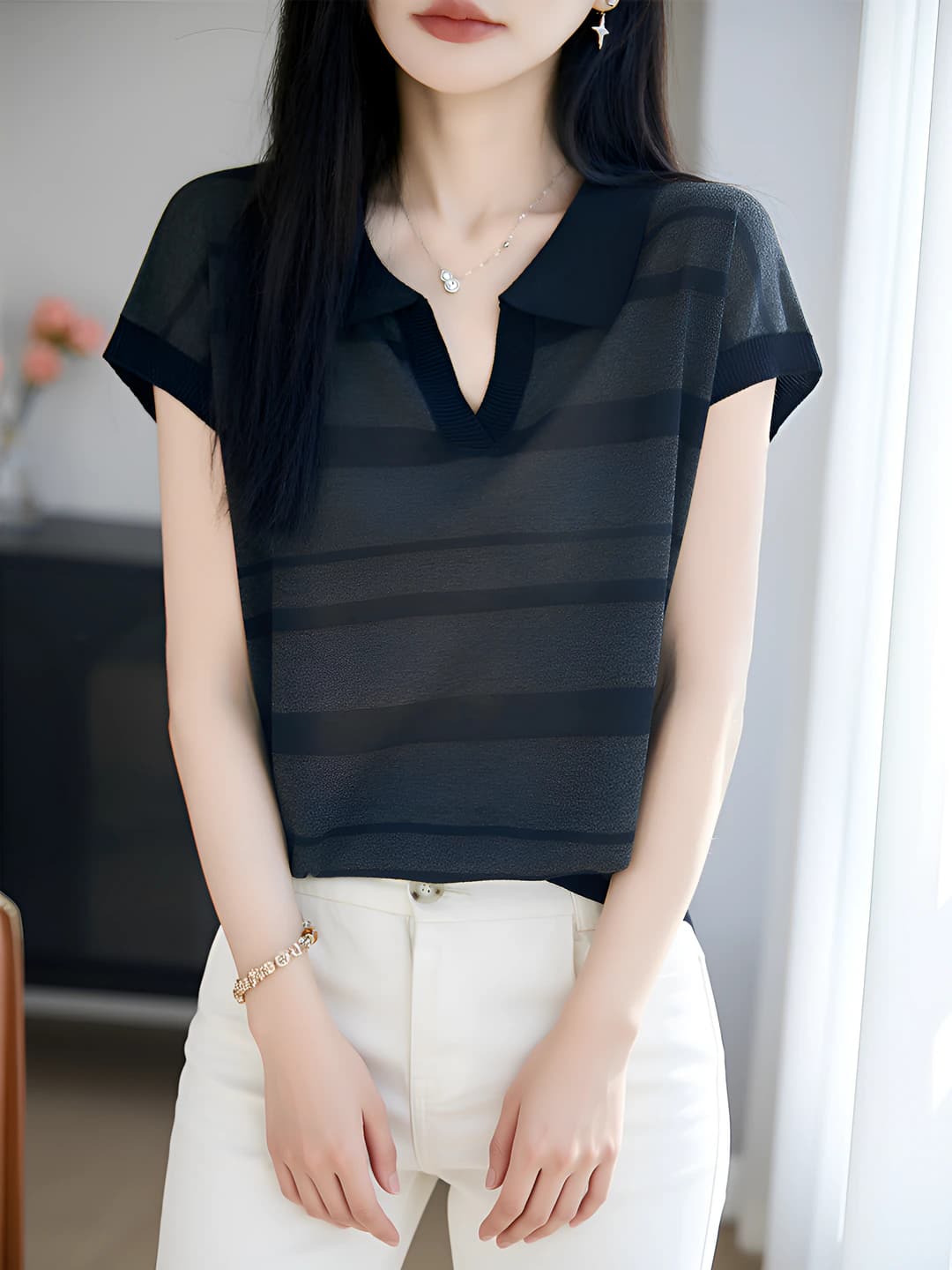 Ayollar uchun polo: Tencel (Layser) trikotaj, qaytarma yoqa, chiziqli, kalta yeng, bo'sh (oversize) kesim, 2026 bahor-yoz