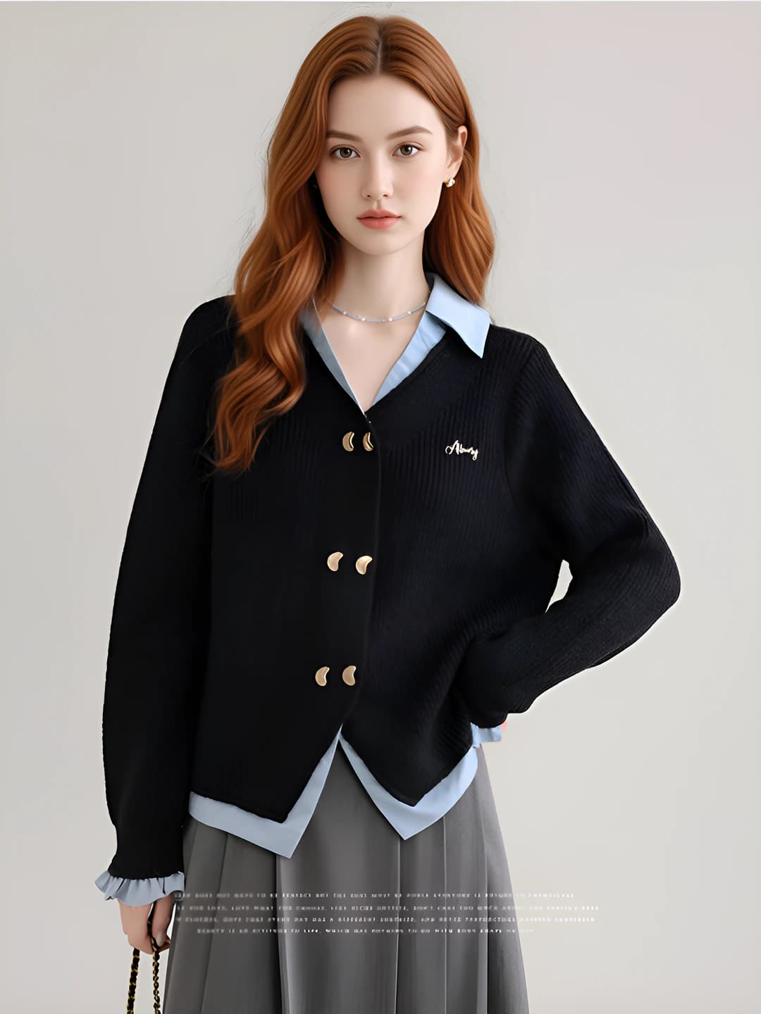 Ayollar uchun qora rangli POLO yoqali trikotaj kardigan, kuz-qish mavsumi, preppi uslub, bo'sh (oversize) kesim, uzun yeng, ikki qator tugma