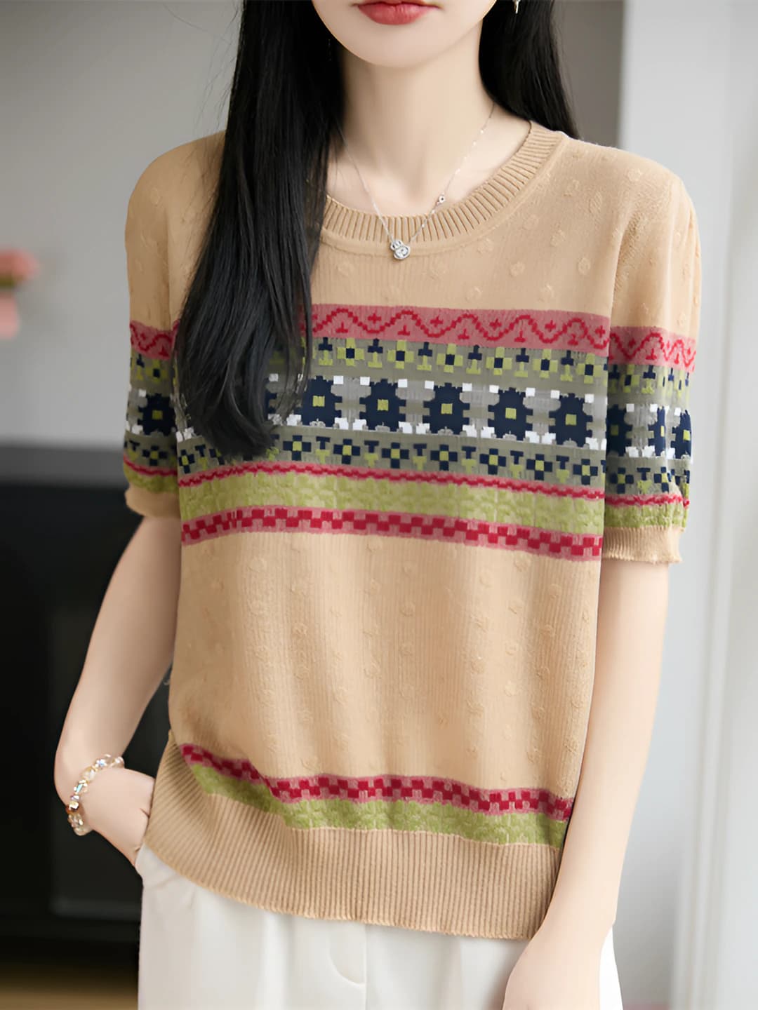 Women's summer short sleeve knit top, crew neck, thin, wool blend, 3D pattern, t-shirt