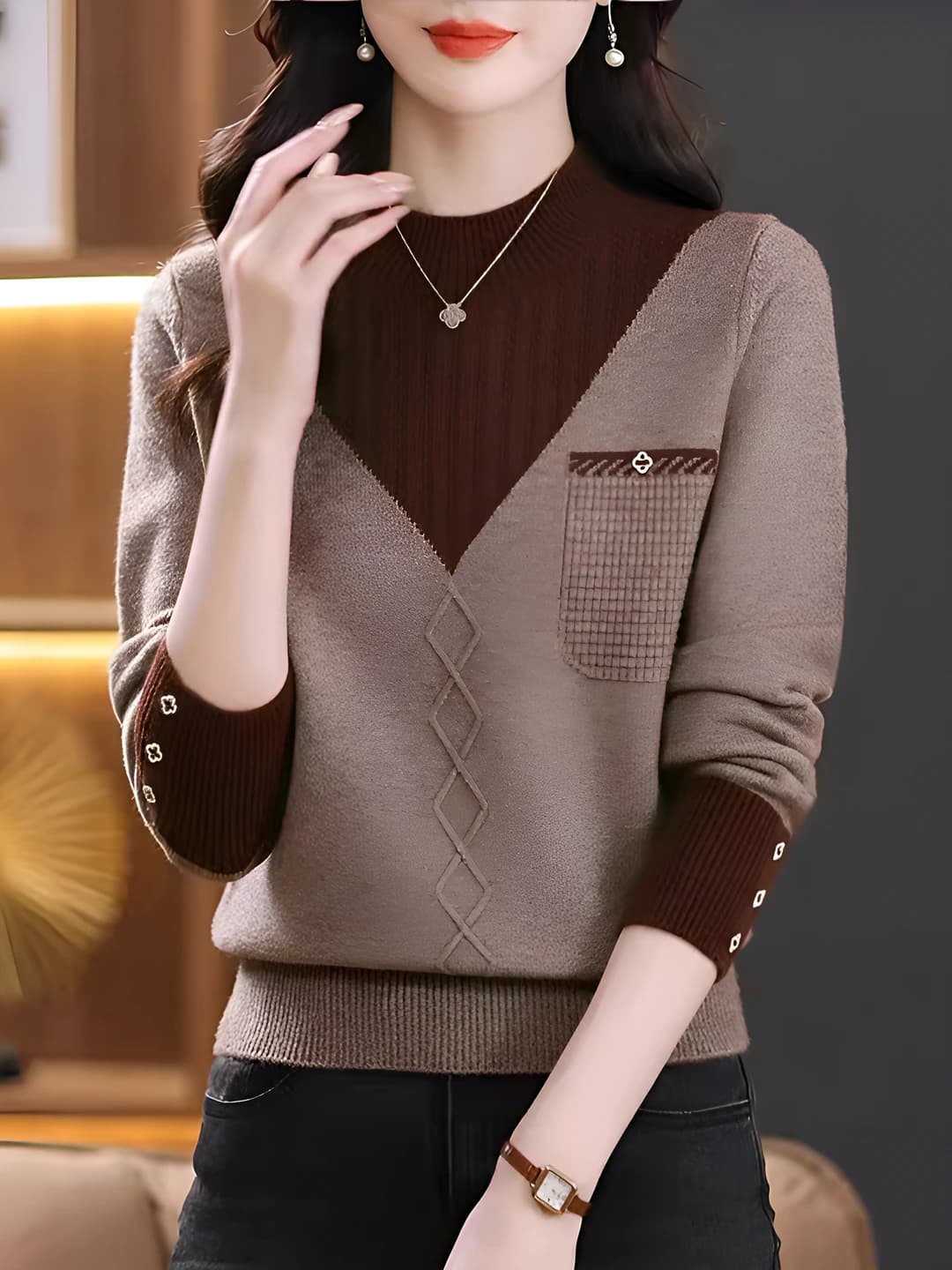Women's autumn-winter sweater, crew neck, long sleeve, loose fit, knit top, casual style