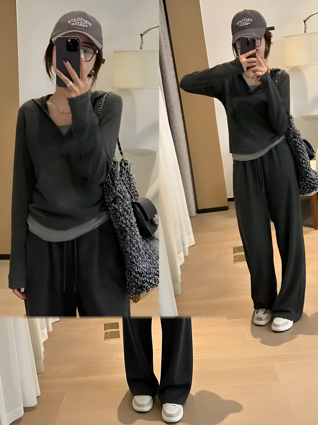 Women's Korean style casual set (top + wide-leg trousers), autumn 2026, grey, slimming, long sleeve, sports, casual