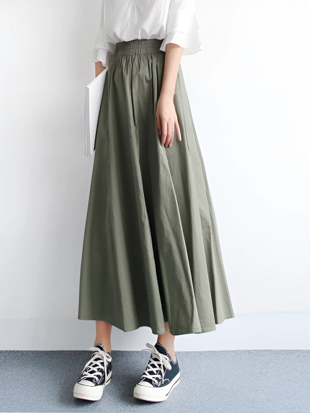 Women's A-line skirt in Japanese style, army green, high waist, plus size, summer, mid-length, solid colour
