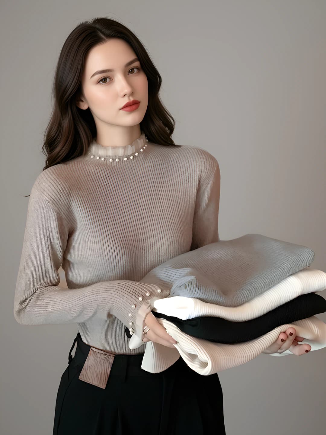 Women's knit pullover sweater with mock neck, autumn-winter, long sleeve, slim fit, solid colour, 2026