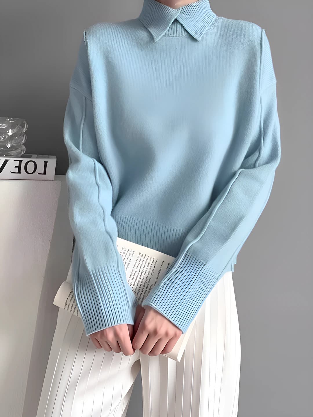 Ayollar uchun kuz-qish trikotaj sviter, tanaga yopishgan, qaytarma yoqa, uzun yeng, bo'sh (oversize) kesim, qalin, 30%-50% visko