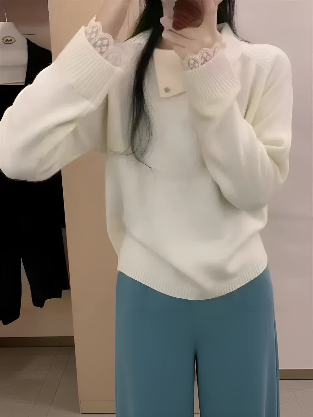 Ayollar uchun bahorgi dantel trikotaj sviter, qalinlashtirilgan, bo'sh (oversize) kesim, uzun yeng, navy yoqa, 3D naqsh, polyester, kulrang