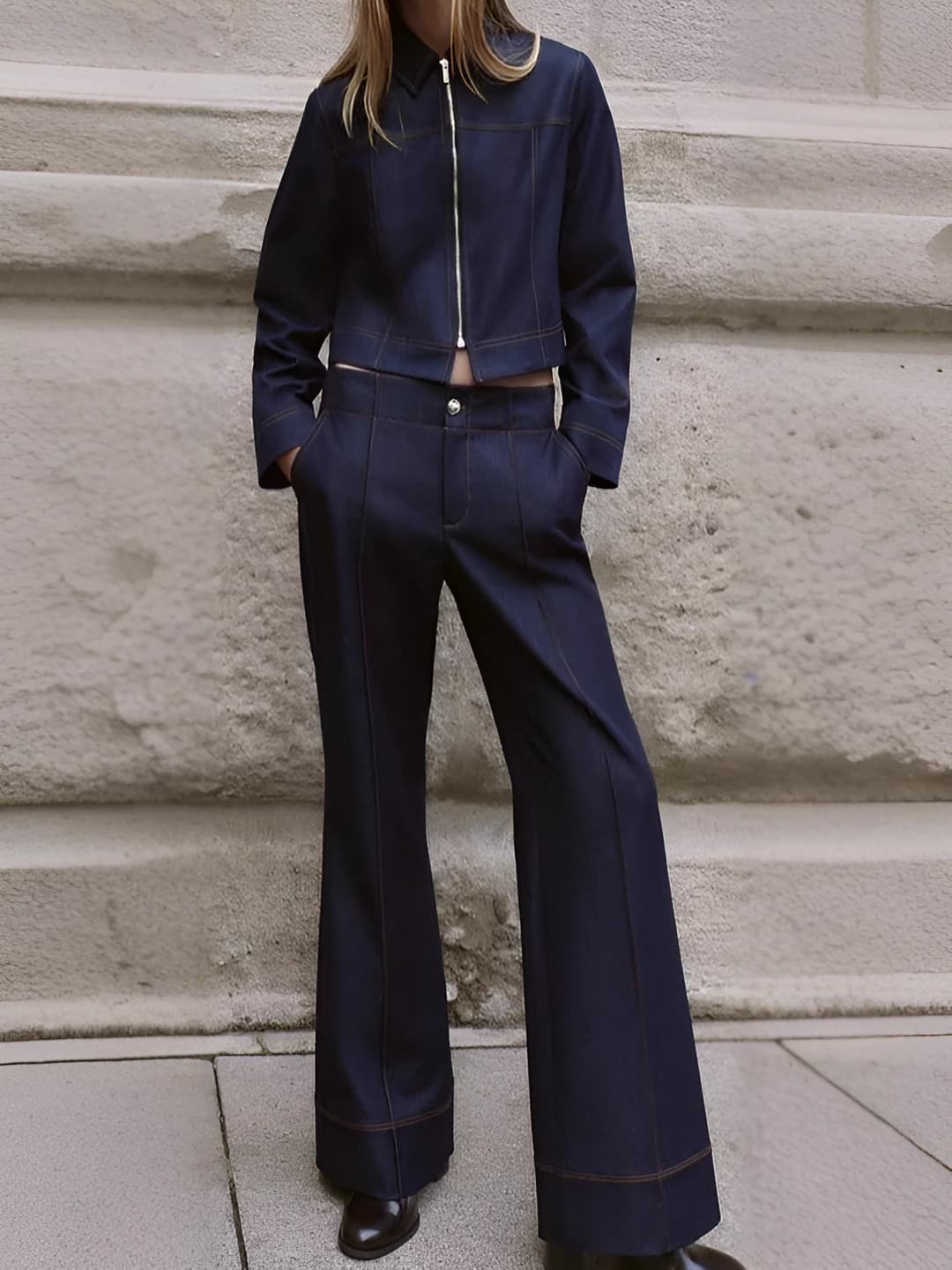 Women's casual jacket and flared trousers set for autumn 2026, solid colour, long sleeve, zip and buttons