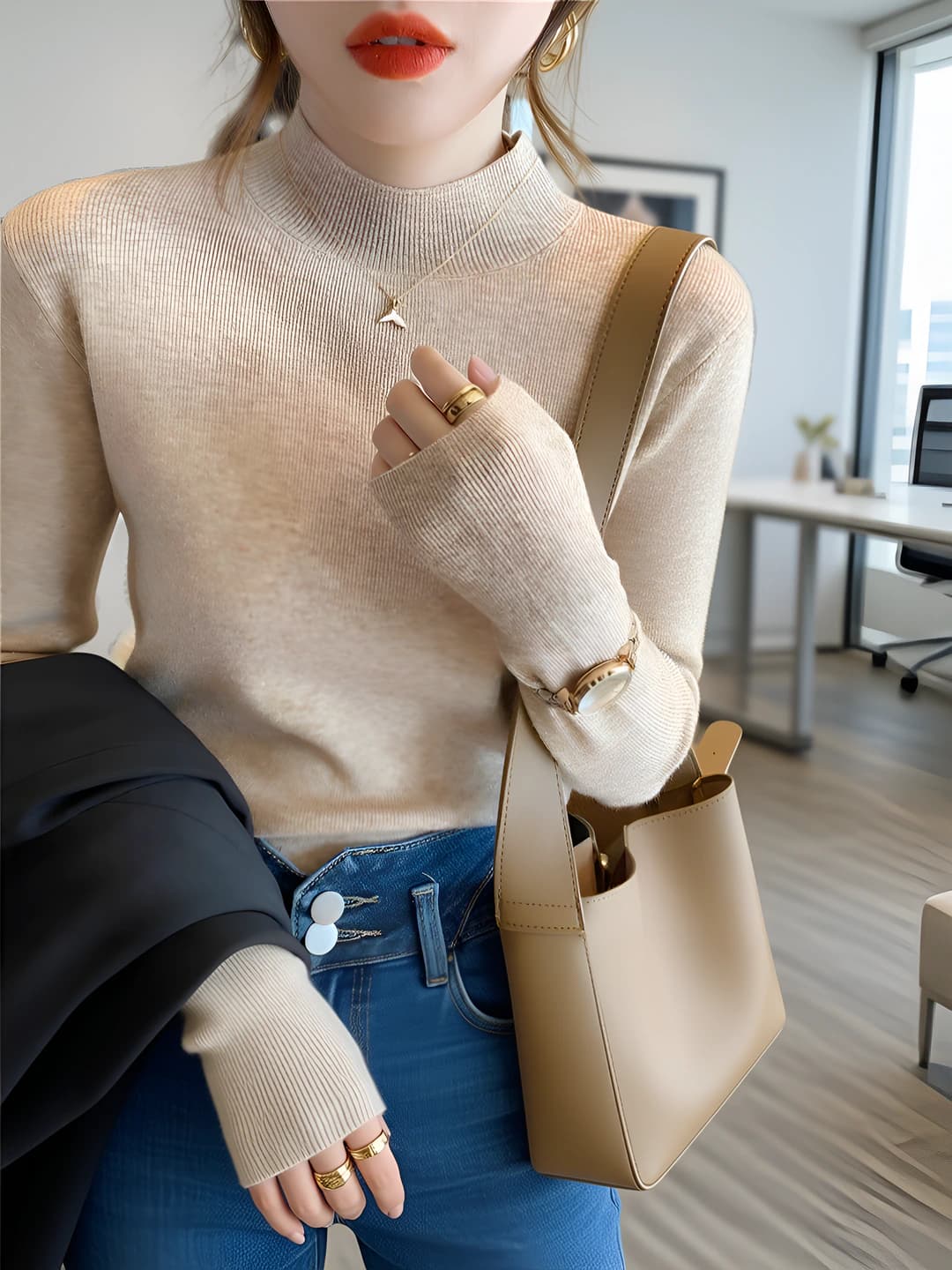 Women's thickened knit pullover sweater with mock neck, slim fit, long sleeve, autumn-winter