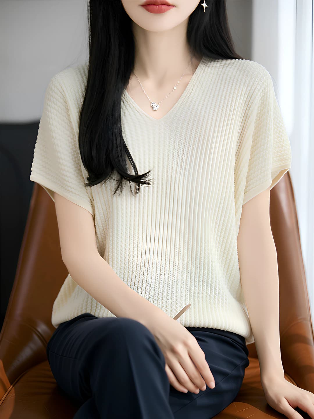 Women's knitted short-sleeve V-neck top, Tencel fabric, solid colour, slimming, summer 2026