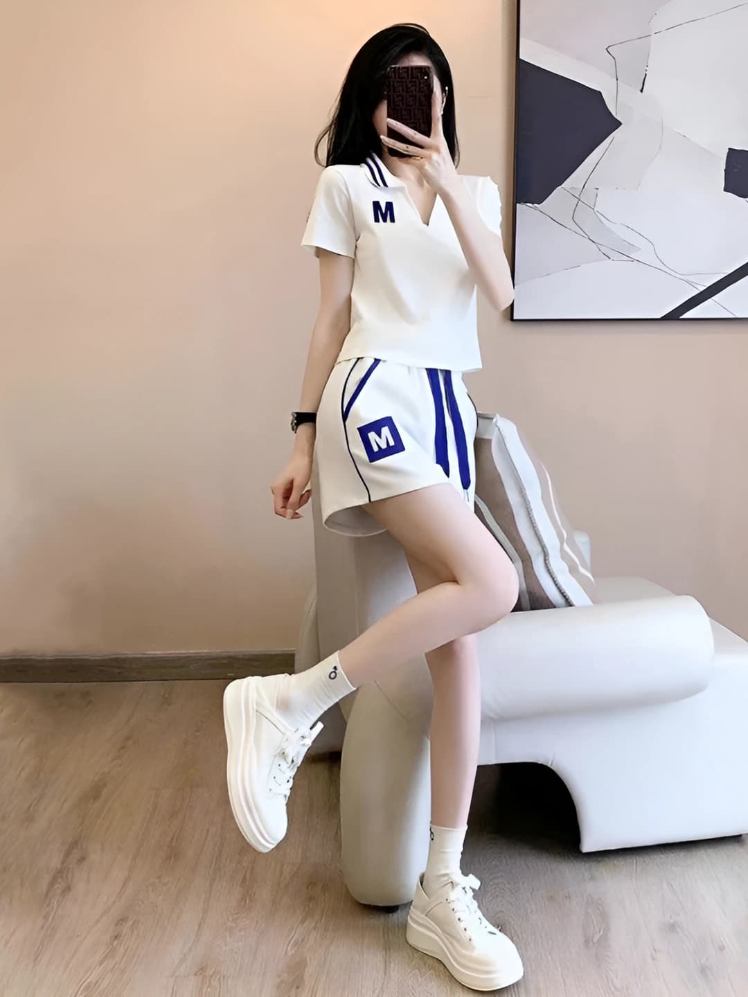 Women's summer cotton tracksuit: short sleeve polo top and knee-length shorts set