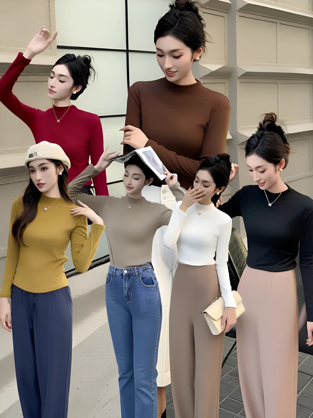 Ayollar uchun uzun yengli, tik yoqa va yarim baland yoqali, tanaga yopishgan, bir rangli, elastik polyester longsliv, kuzgi kundalik uslub