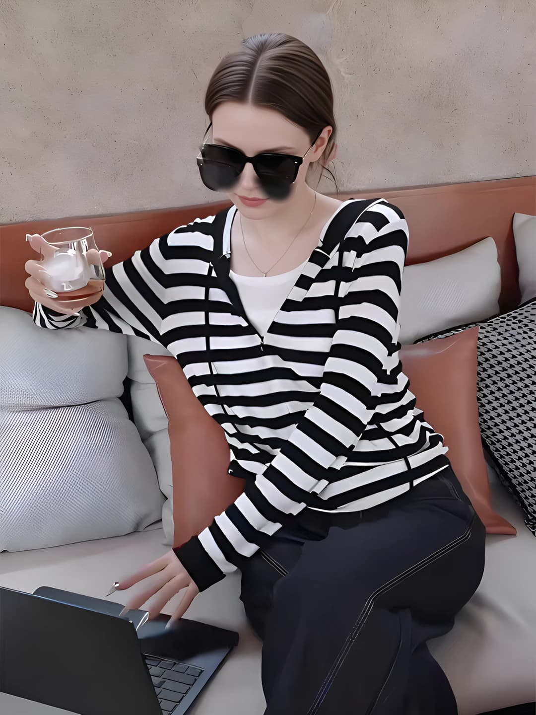 Coffee striped two-layer hoodie