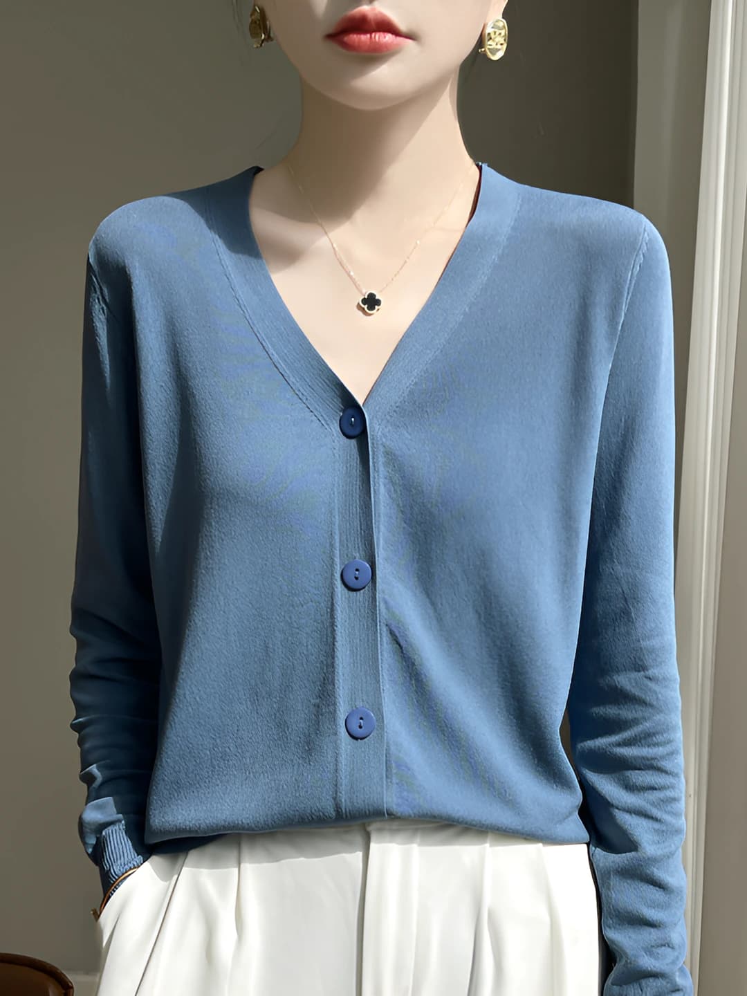 Women's 2026 V-neck long sleeve loose fit thin solid colour sun-protective ice-silk fabric knit cardigan