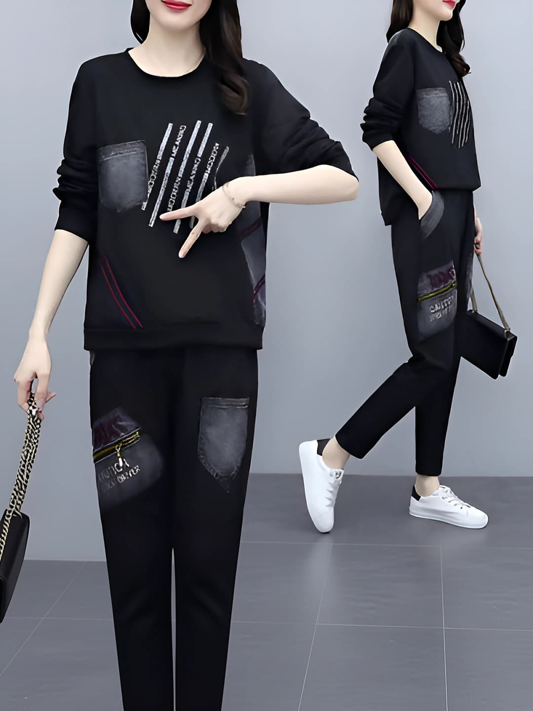 Women's 2026 autumn clothing set: loose fit, plus size, sports, Korean style, printed, casual, long sleeve, trousers