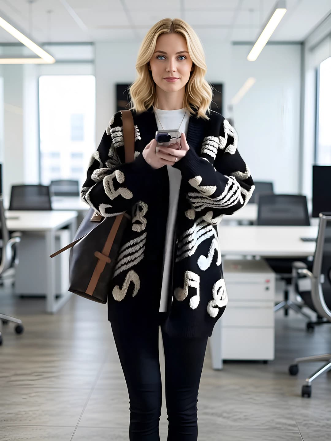 Women's Korean style V-neck loose fit knit cardigan, long sleeve, 3D pattern, regular length 50-65 cm, autumn-winter