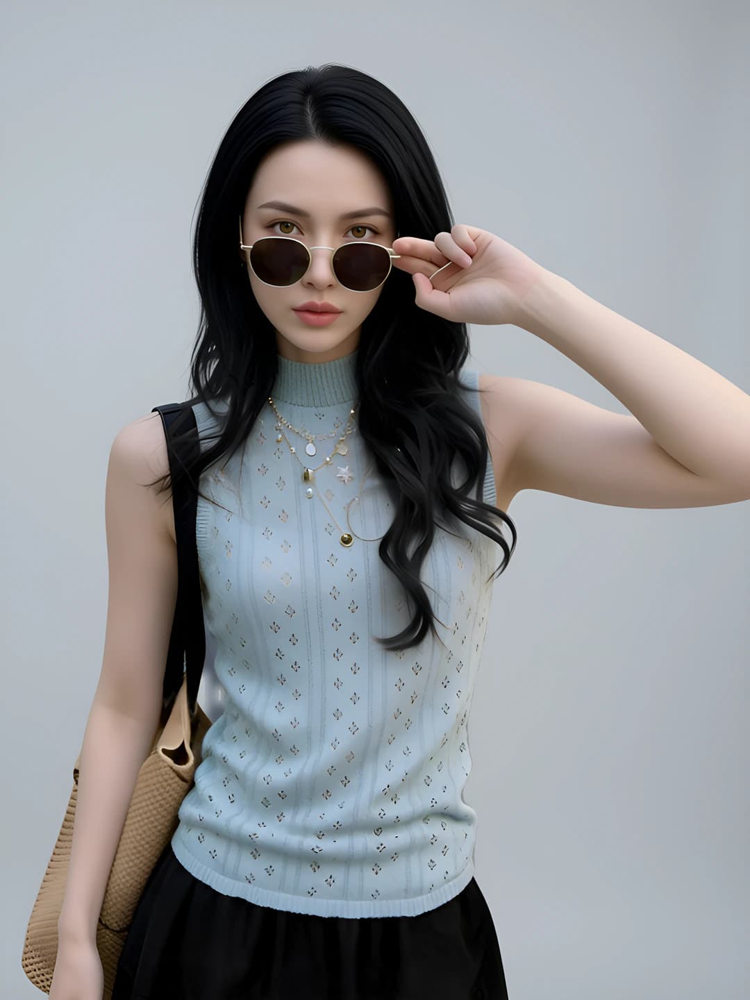 Women's summer thin sleeveless knitted top, mock neck, crew neck, cropped, slimming, casual style