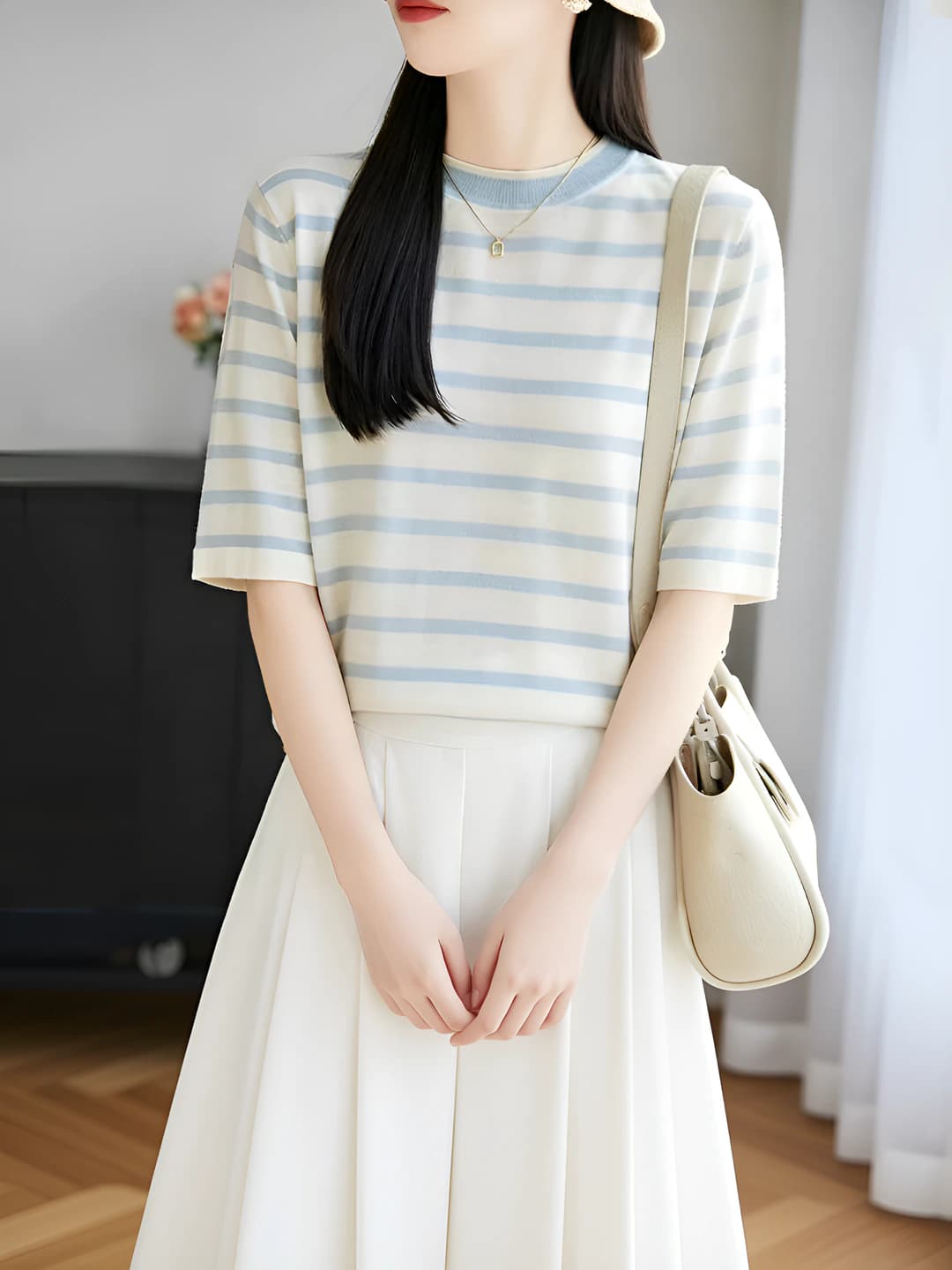 Women's spring-summer striped short sleeve crew neck ice-silk fabric t-shirt