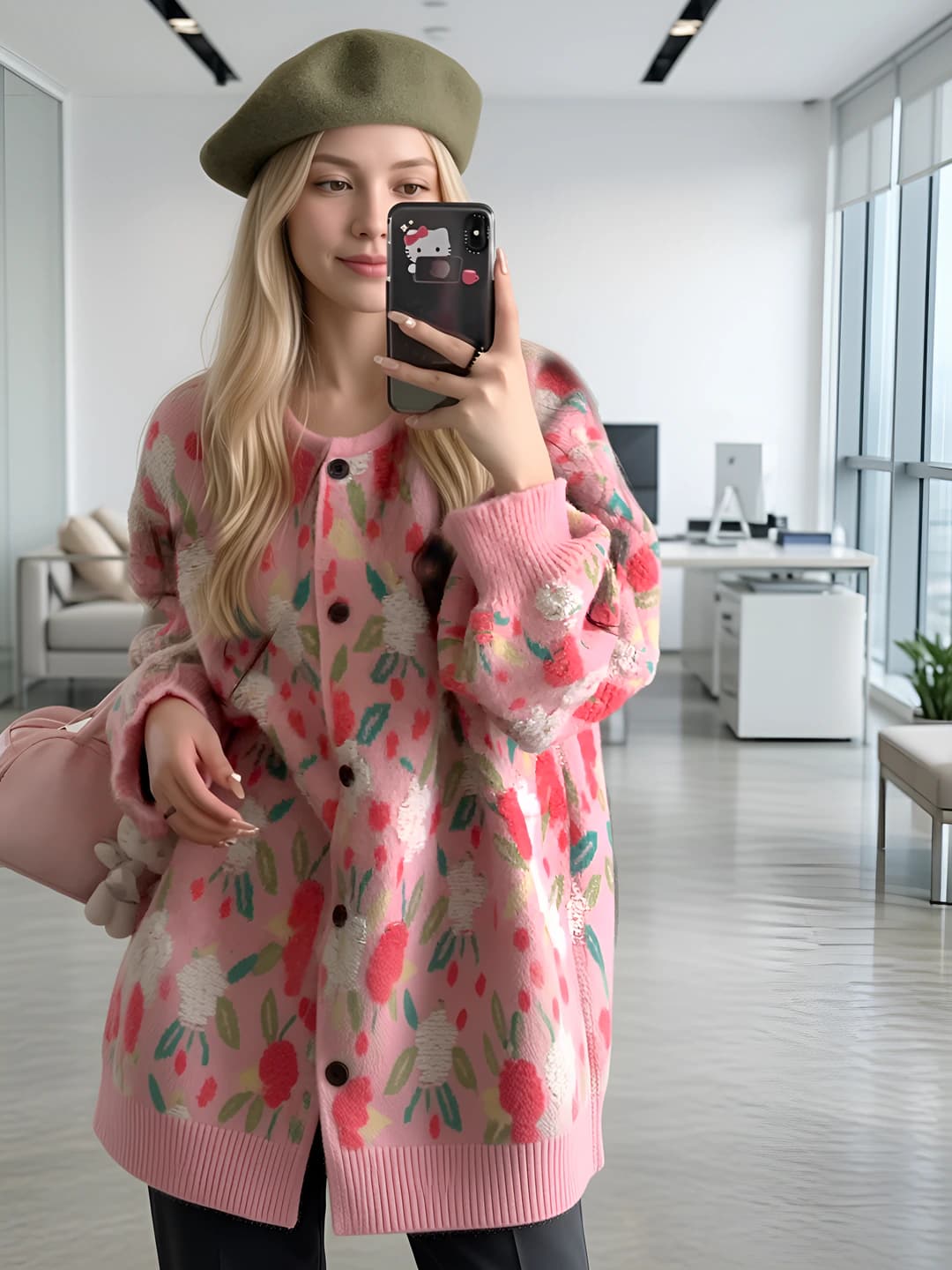 Women's plus size autumn cardigan, loose fit, crew neck, long sleeve, pink floral pattern