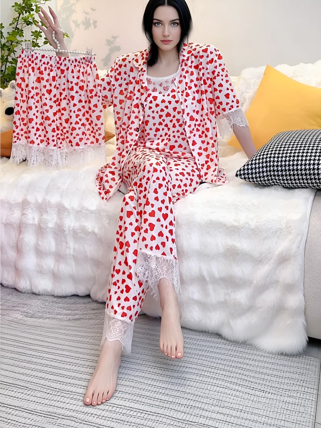Women's heart-print lace button pyjamas, thin summer loungewear set (4 pieces)