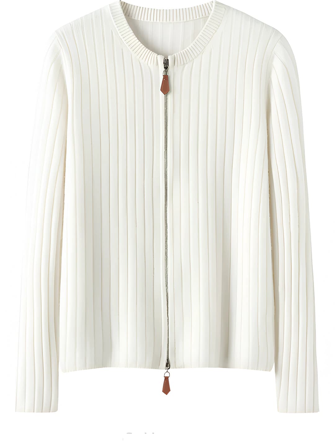 Women's zip-front ribbed cashmere knit cardigan, crew neck, long sleeve, slim fit, slimming, solid colour
