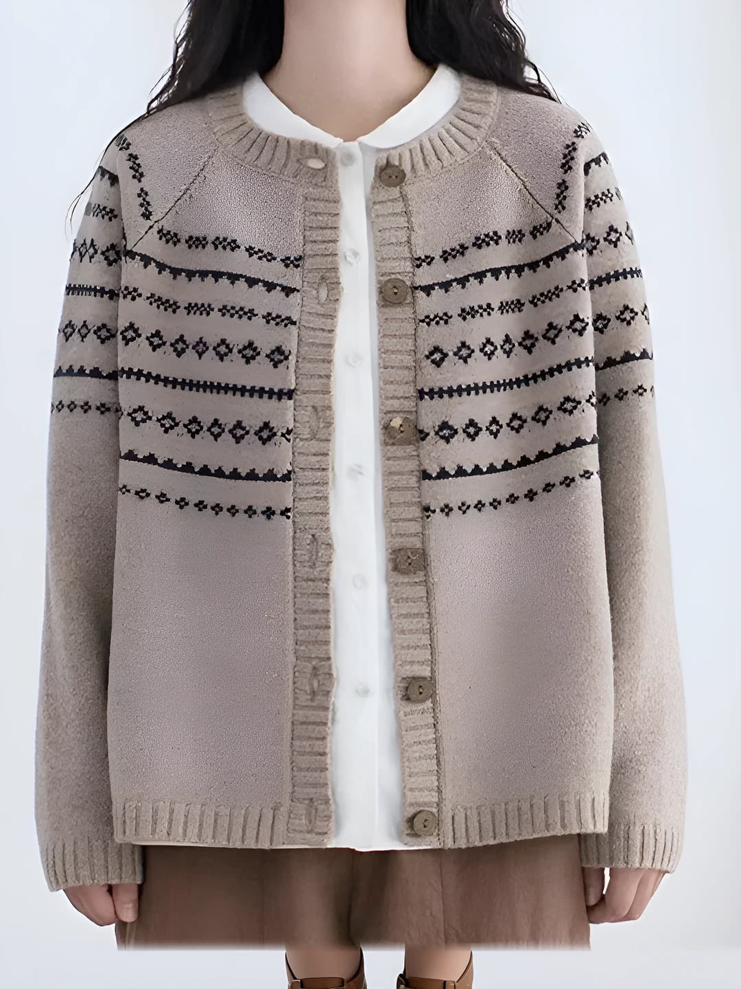 2026 kuz-qish ayollar uchun retro trikotaj kardigan, dumaloq yoqa, bo'sh (oversize) kesim, uzun yeng, jun, 95% va undan yuqori, yopiq qismida tugma
