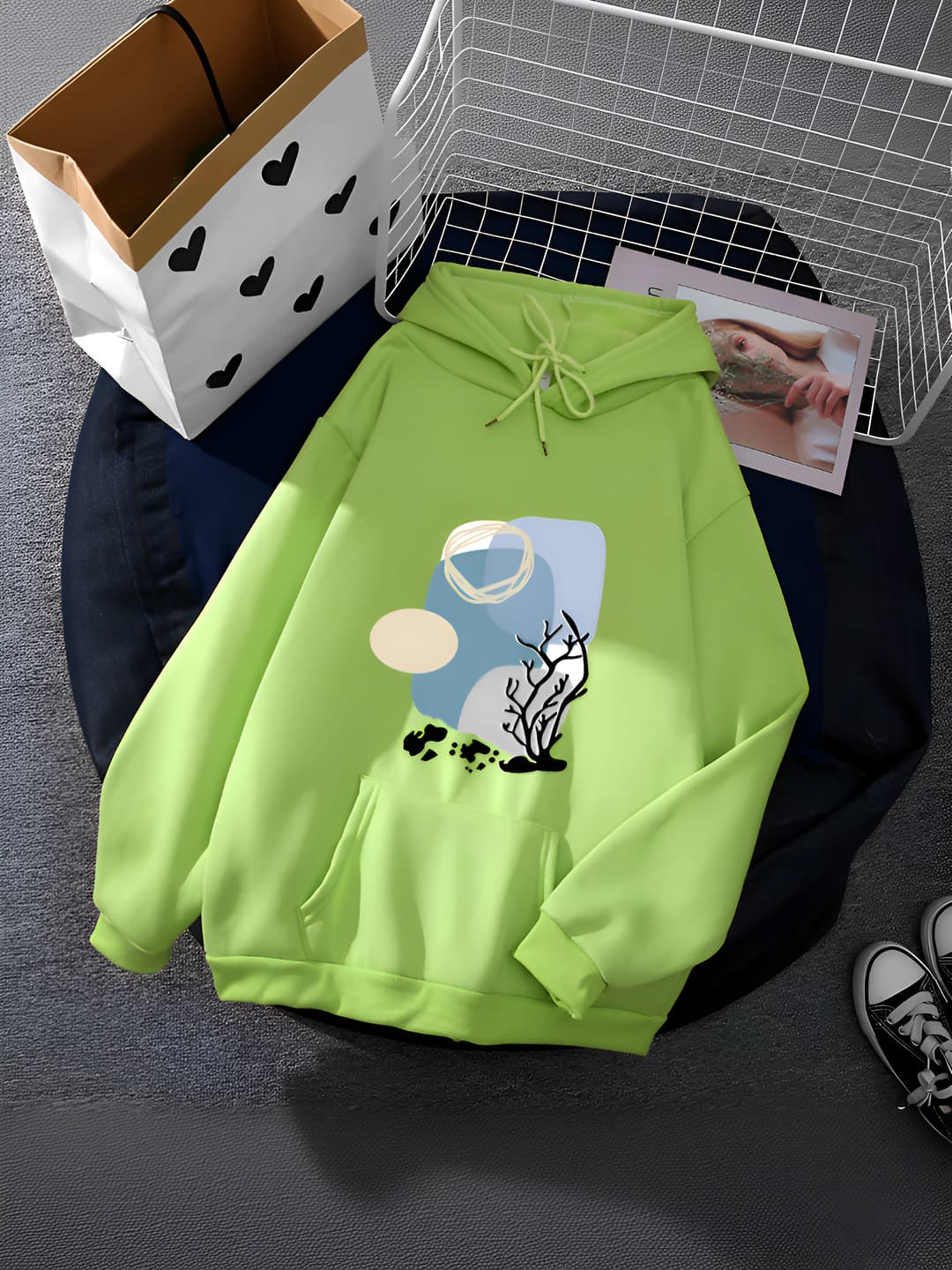 Women's autumn loose fit hoodie, crew neck, long sleeve, printed, milk silk fabric
