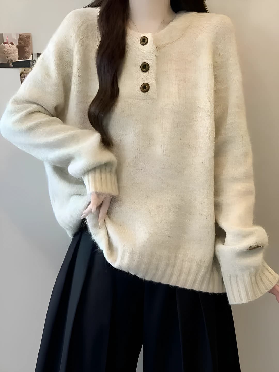 Women's autumn-winter sweater: loose fit, crew neck, long sleeve, thickened, solid colour, soft