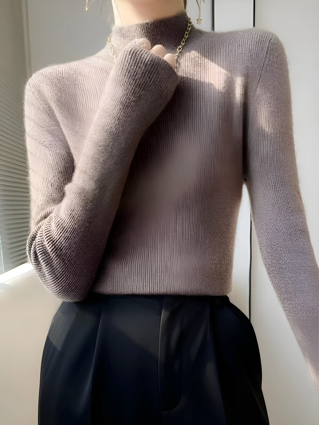 Women's mock neck long sleeve knit sweater for autumn-winter 2026, slim fit, slimming, solid colour, long sleeve, long sleeve, long sleeve