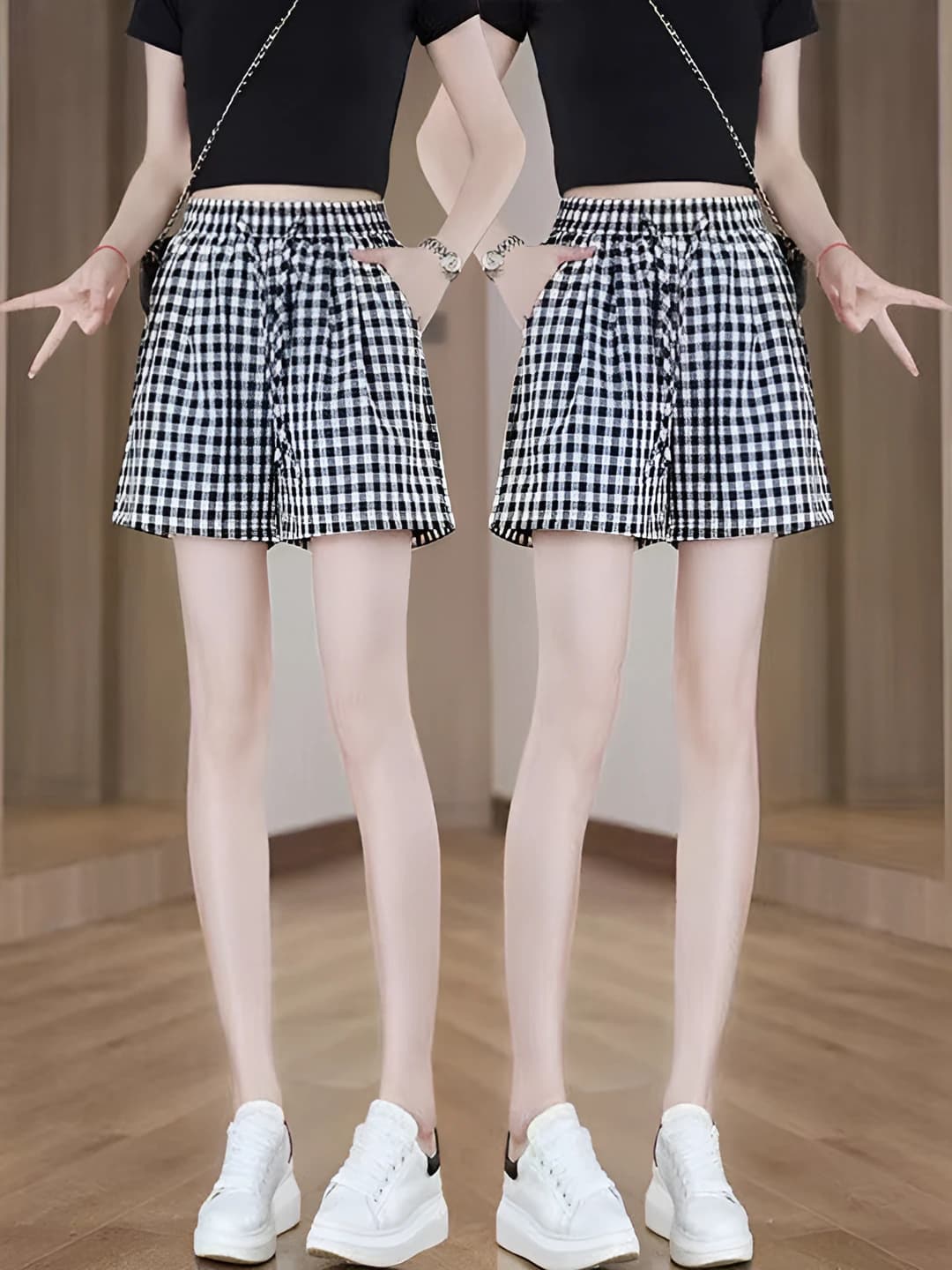 Women's 2026 summer thin ice-silk fabric breathable high waist loose fit checked casual knee-length shorts