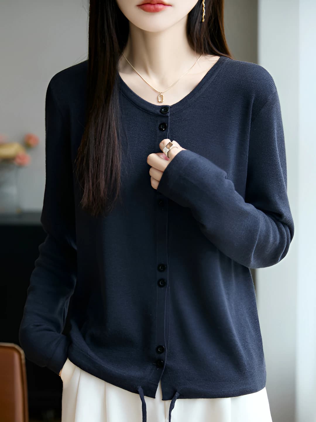 Women's wool knit cardigan, solid colour, crew neck, long sleeve, loose fit, autumn-winter