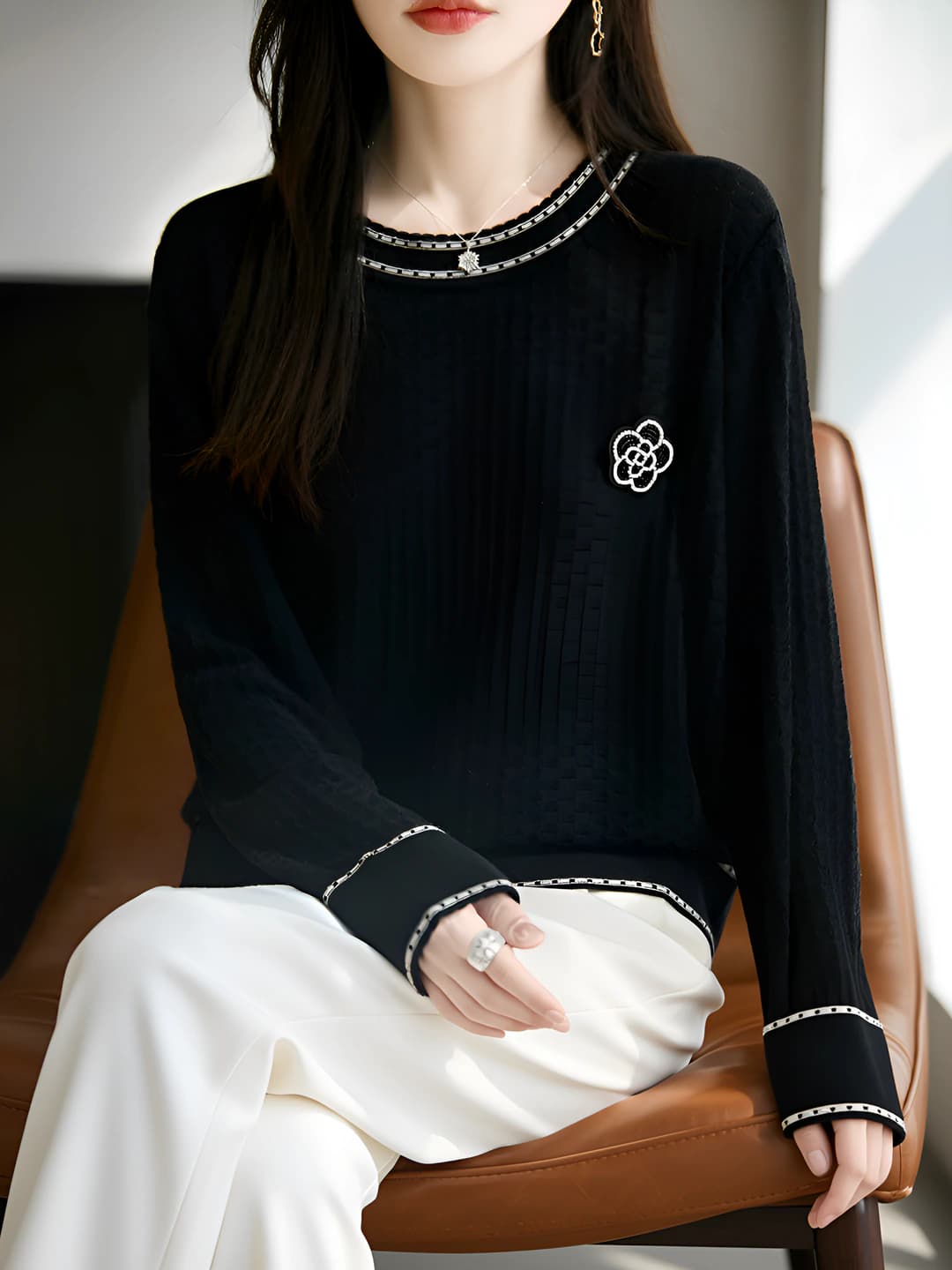 Women's 2026 spring loose fit crew neck long sleeve wool knit top, solid colour, less than 30% wool, girly style