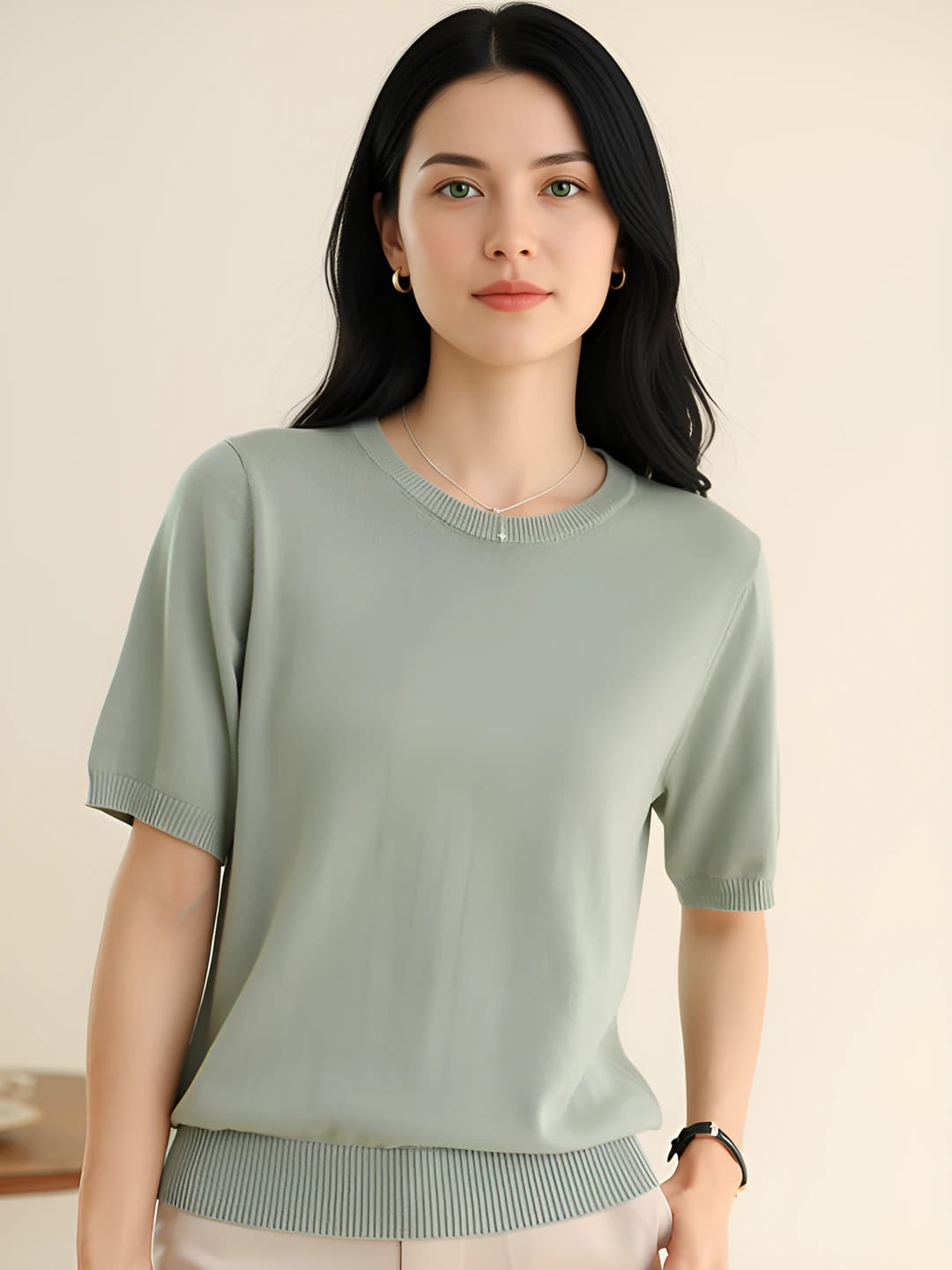 Women's spring-summer knit top, pure cotton, crew neck, short sleeve, loose fit, striped/checked pattern, moisture-wicking, casual style