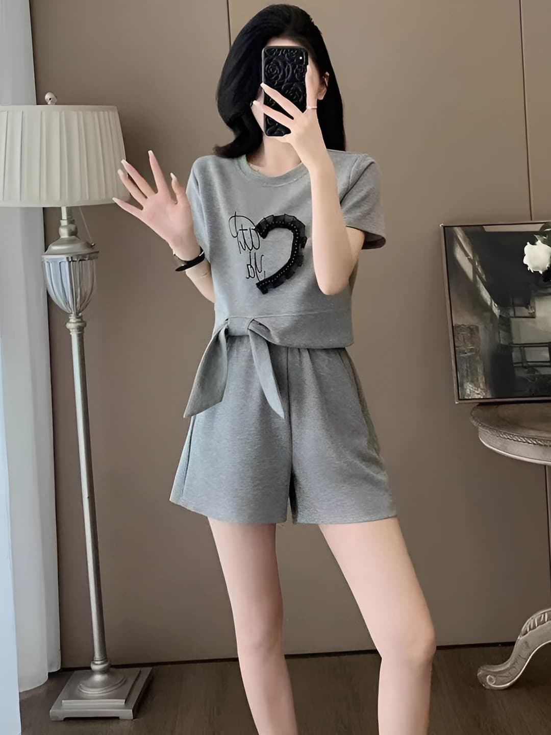 2026 summer women's two-piece casual set (t-shirt top and shorts), Korean style, slimming, printed, sports set