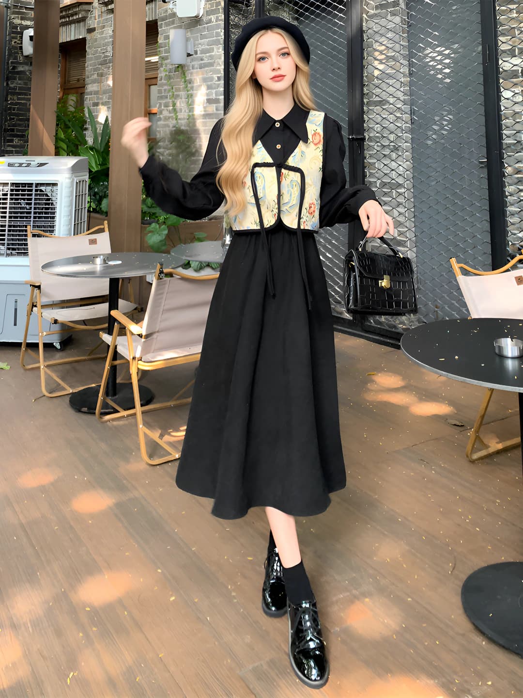 Women's autumn-winter retro set with high waist, slimming, plus size, long dress and floral vest