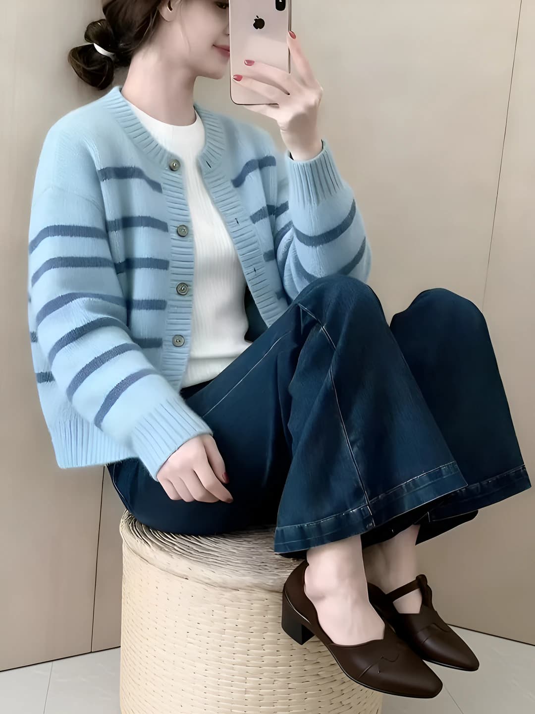 Ayollar uchun chiziqli trikotaj kardigan, bahor-kuz, uzun yeng, dumaloq yoqa, bo'sh (oversize) kesim, kalta, nozik ko'rsatadigan, minimal uslub