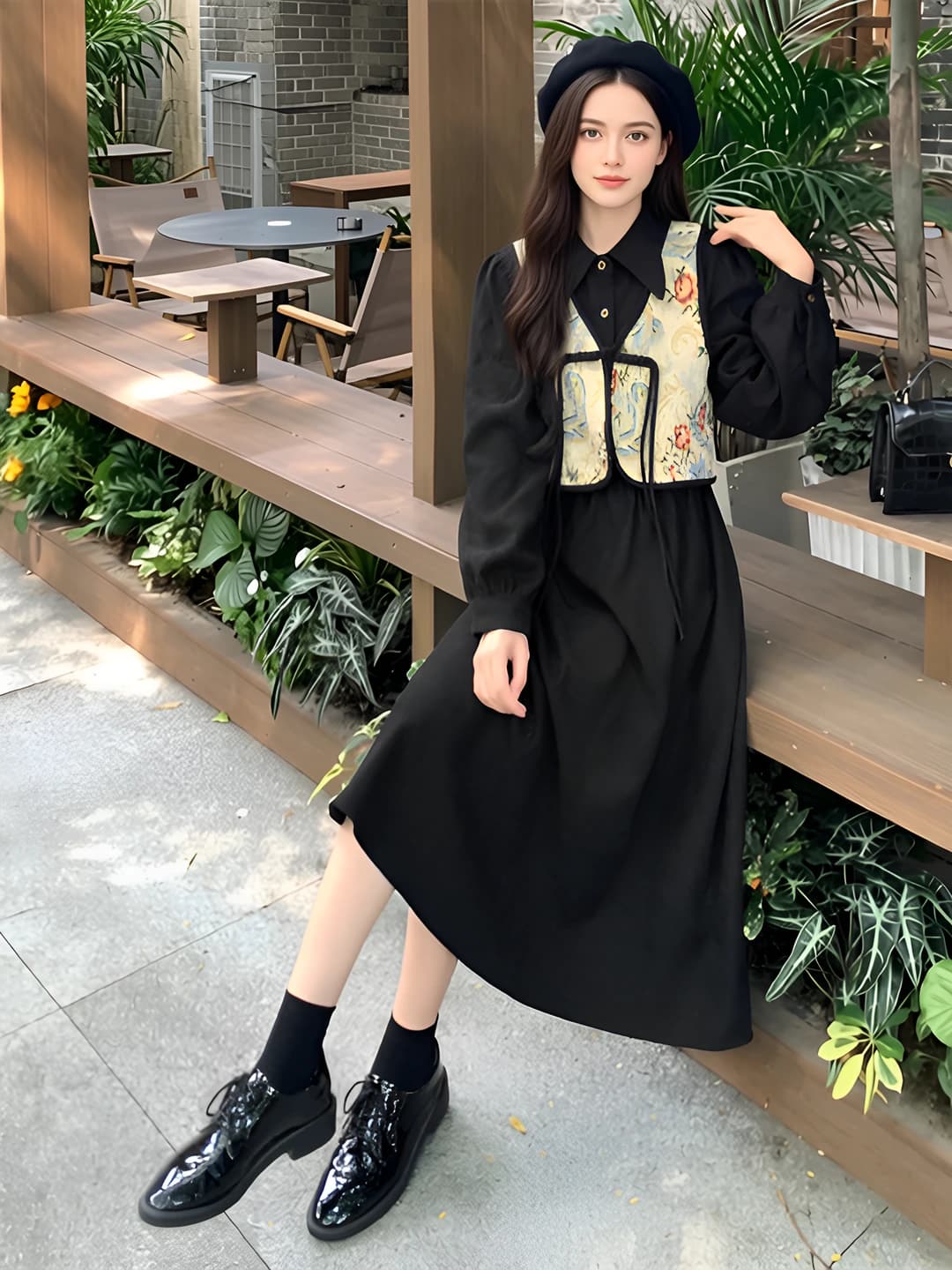 Black Chinese style vest 2-piece dress