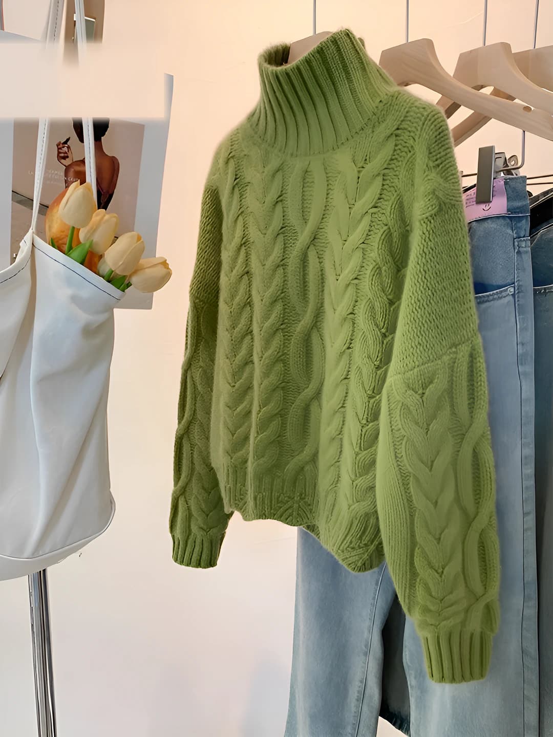 Women's green high neck cable knit thickened loose fit cropped knit top sweater autumn-winter