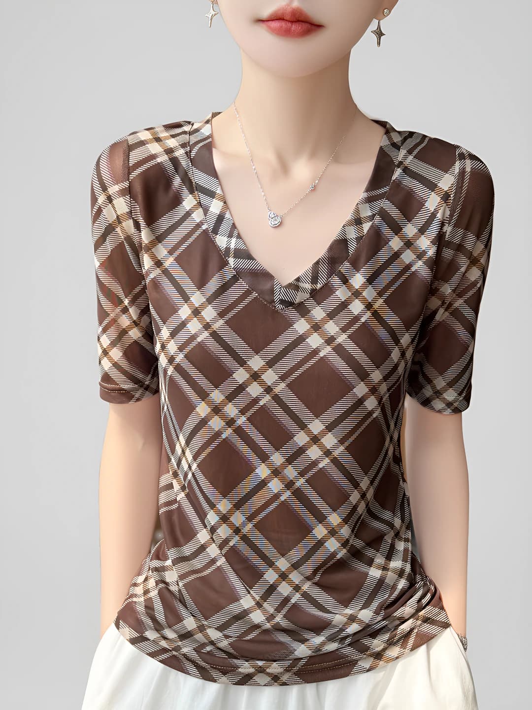 Women's 2026 spring-summer retro checked V-neck knit top short sleeve t-shirt